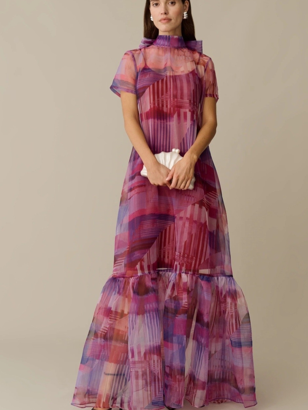 Sheer Pink & Purple Printed High-Neck Maxi Dress